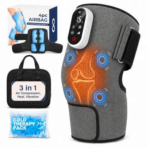 SereneLife 3-in-1 Air Compression Knee Massager with Heat and Vibration, Rechargeable Cordless Knee Wrap, 4 Airbags, 4 Vibration Modes, 2 Heat Settings, Smart LED Controller, Ice Pack, Carry Bag